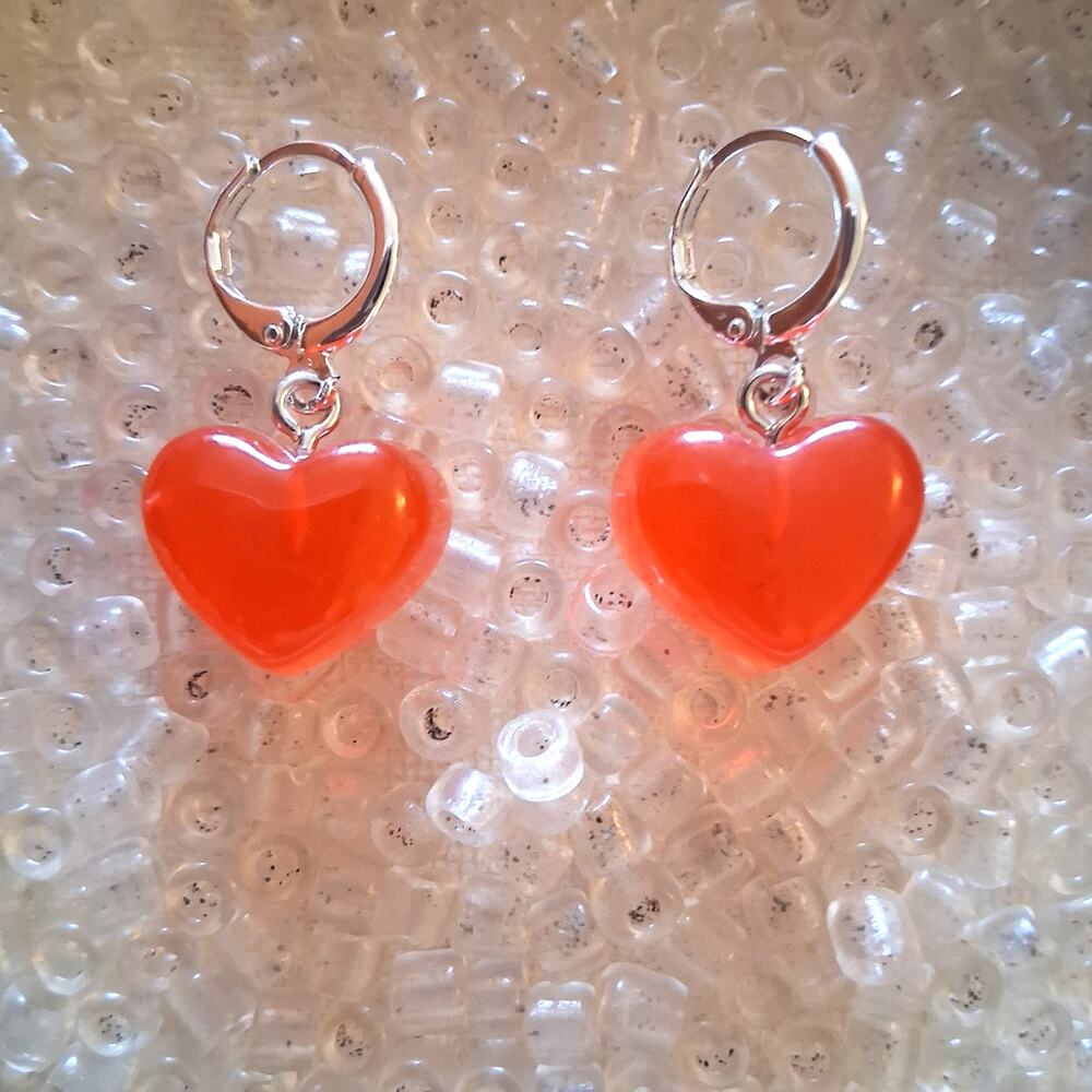 Red ORANGE Resin HEART EARINGS CUTE Valentines Day Silver Circle Leverback Clasp